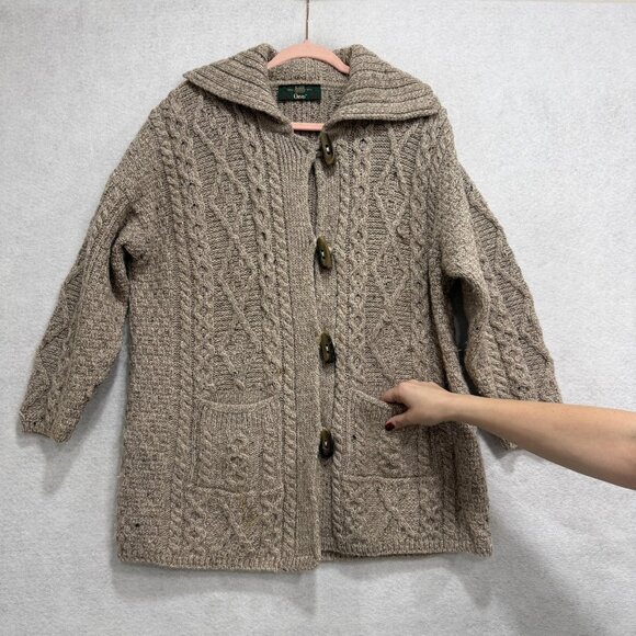 Made in Ireland Hooded Cardigan Sweater Womens Large Oatmeal Aran Cable Knit - Picture 10 of 15